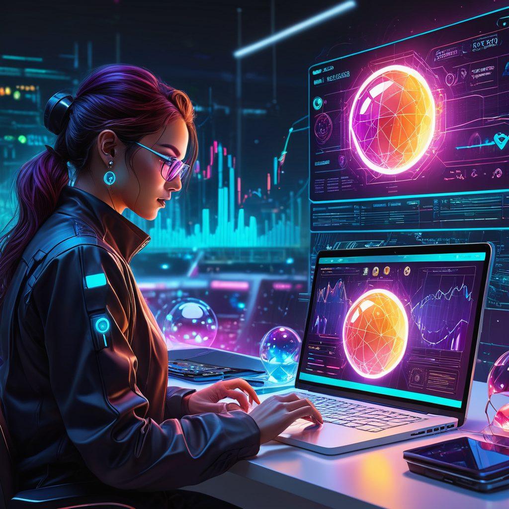 A futuristic digital marketplace filled with domains symbolized as glowing orbs, where business professionals trade them like precious gems. High-tech charts and graphs display domain statistics in the background. A person confidently navigating this complex landscape using advanced tools on a sleek device. Vector art. vibrant colors. cyberpunk elements. white background.