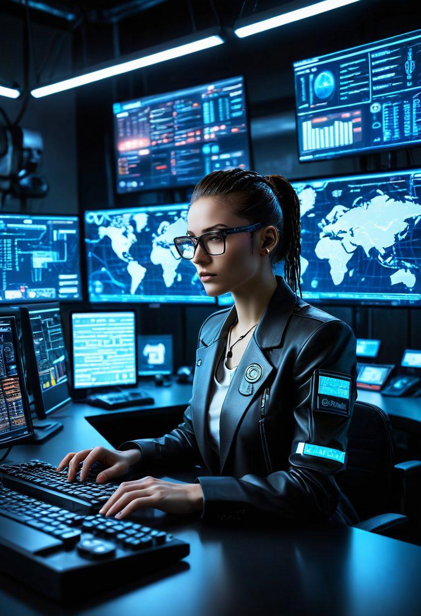 A futuristic control room with holographic displays showing domain names and security interfaces. A professional wearing glasses is attentively managing the digital assets, with a padlock icon and globe representing global domain control. The room is filled with subtle cybernetic elements and advanced technology, creating a sense of high security and expertise. cyberpunk. super-realistic. vibrant colors.