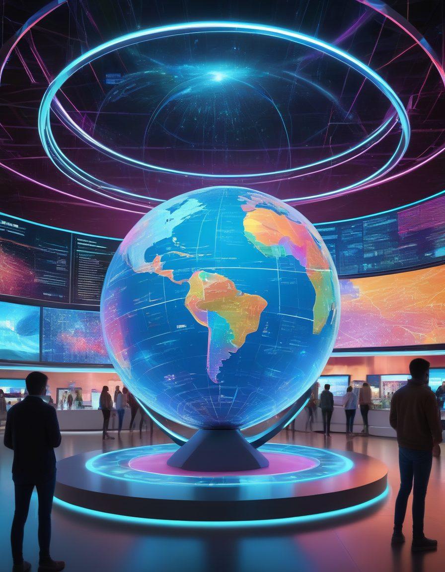 A futuristic digital marketplace with holographic domain names floating in the air, people interacting with touchscreens, and a giant globe displaying interconnected domains. The scene should depict a vibrant atmosphere of buying, selling, and transferring domains with high-tech visuals and dynamic elements. super-realistic. vibrant colors.